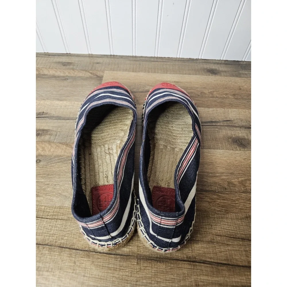 Tory Burch Red Blue White Stripe Cap Toe Leather Espadrilles 10.5 Nautical